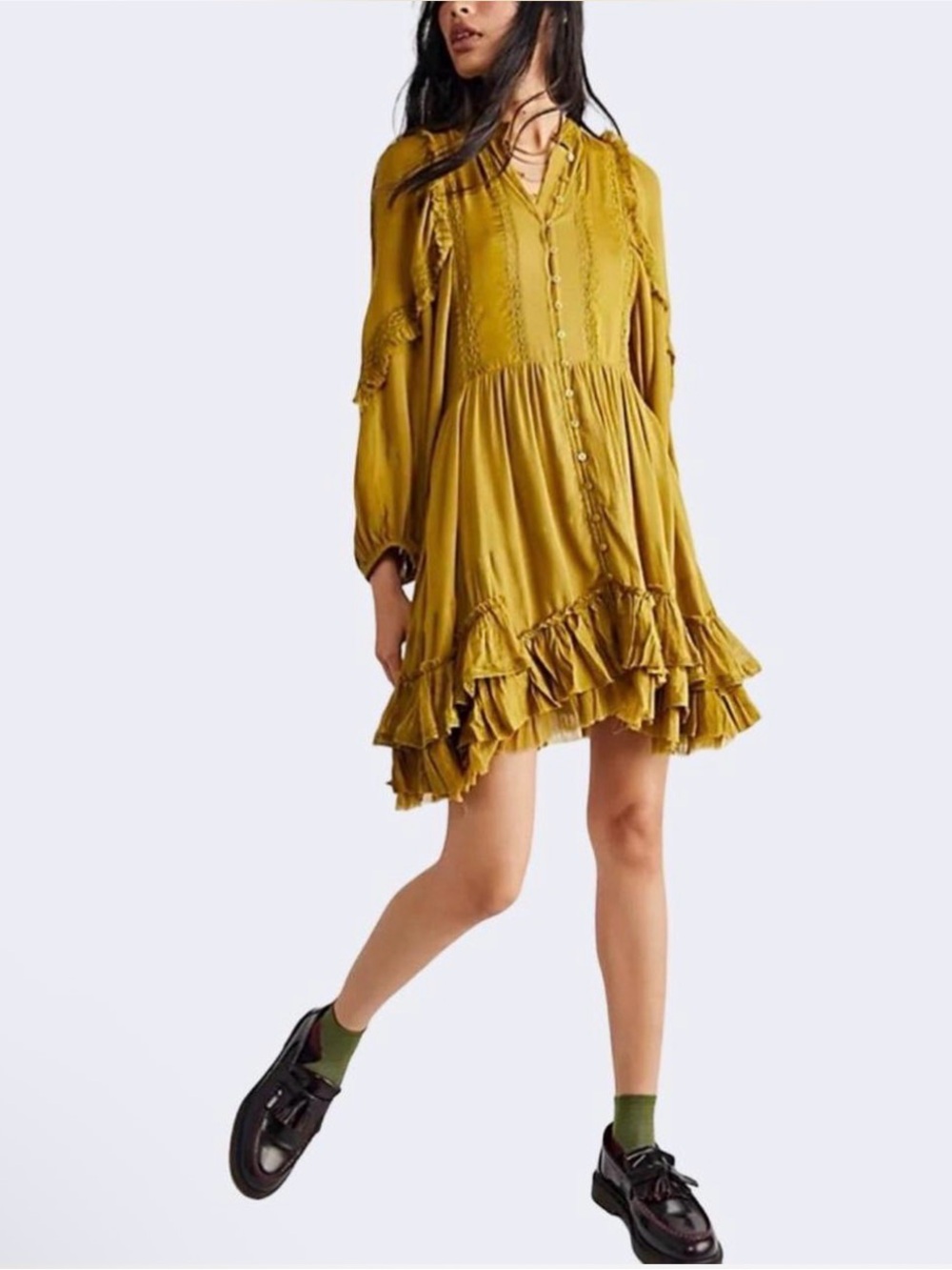 Free People One Ambrosia Olive Green Button-Front Ruffle Tunic Dress